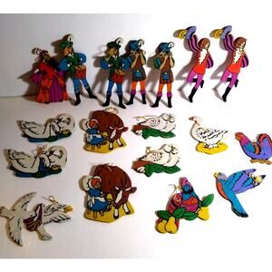 Vintage Wood Christmas Ornaments People Animals Double Sided Painted Lot Of 18